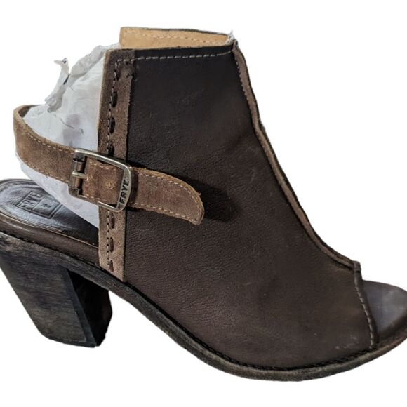 Frye Izzy Artisan Womens 7.5 Brown Leather Slingback Peep Toe Mule Booties Heels - Picture 3 of 7